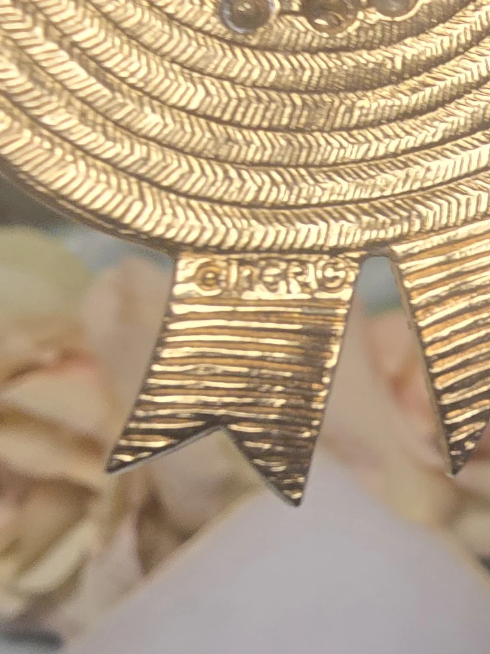 CINER Gold Tone Straw Hat Brooch with Multicolor Accent